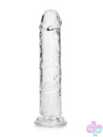 RealRock Crystal Clear straight realistic dildo with suction cup base in blue, clear, and pink