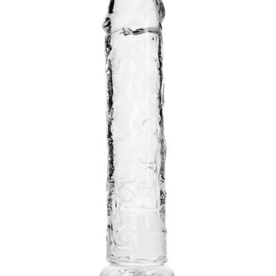 Realrock Crystal Clear straight realistic dildo with suction cup base standing upright on white background