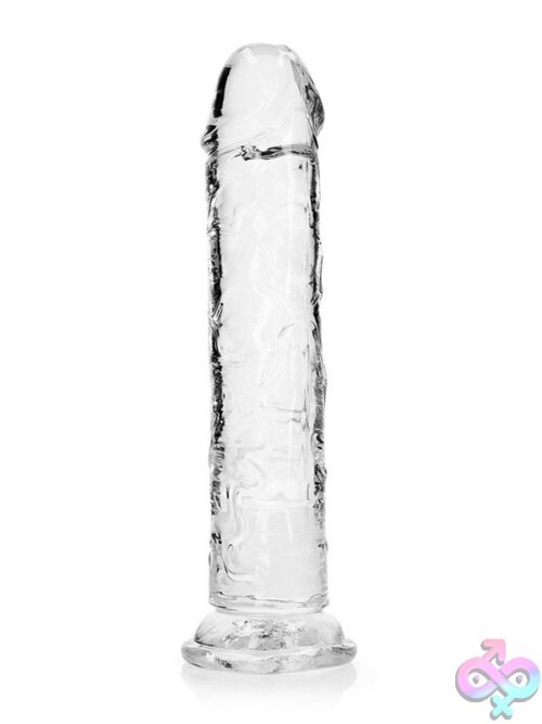Realrock Crystal Clear Straight Realistic Dildo With Suction Cup Base Standing Upright On White Background
