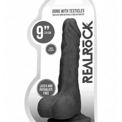 9-inch realistic dong with testicles in black phthalate-free TPE by Shots Toys