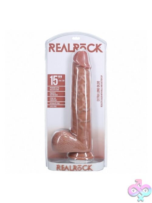Realrock 15-Inch Extra Long Realistic Dildo With Balls And Suction Cup Base In Beige And Pink