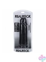 Extra thick 10-inch realistic dildo in black with suction cup base by Shots Toys