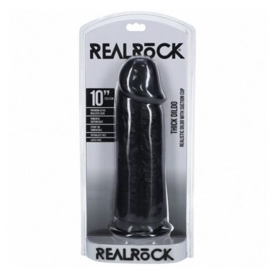 Extra thick 10-inch realistic dildo in black with suction cup base by Shots Toys