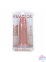 RealRock extra thick 8 inch realistic dildo with suction cup base shown upright on white background