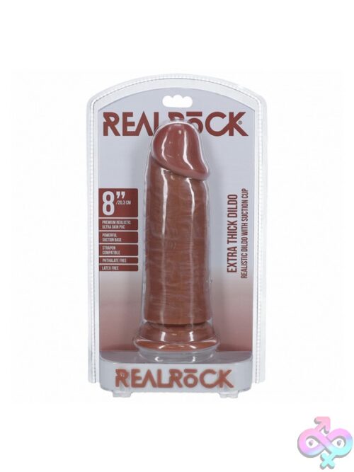 Realrock Extra Thick 8 Inch Realistic Dildo With Suction Cup Base Shown Upright On White Background
