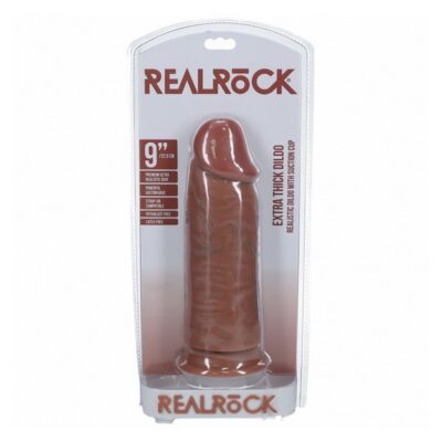 Extra thick 9-inch tan realistic dildo with suction cup base and textured veining by Shots Toys