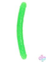 RealRock glow in the dark double dong 12 inch in neon green on a dark background
