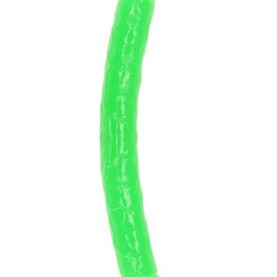 RealRock glow in the dark double dong 12 inch in neon green on a dark background