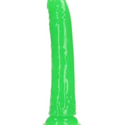 RealRock glow in the dark slim 11 inch dildo with suction cup base shown in blue green and purple