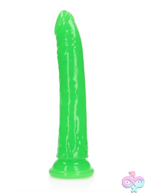 Realrock Glow In The Dark Slim 11 Inch Dildo With Suction Cup Base Shown In Blue Green And Purple