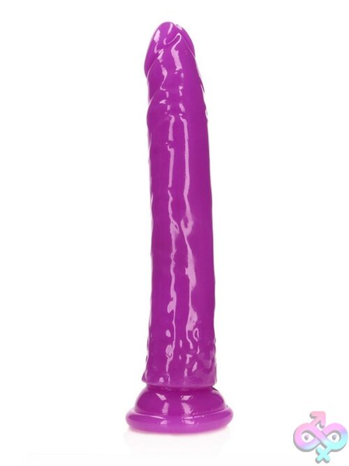 Realrock Glow In The Dark Slim 11 Inch Dildo With Suction Cup Base Shown In Blue Green And Purple
