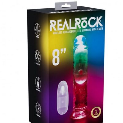 8-inch clear LED vibrating dildo with suction cup base and realistic texture by Shots Toys
