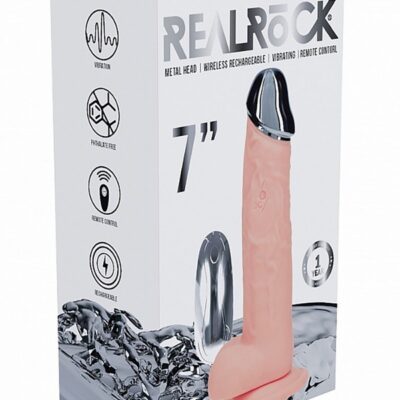 7-inch realistic vibrating dildo with solid metal tip and suction cup base in beige by Shots Toys