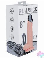 Realistic beige 8-inch vibrating dildo with solid metal tip and suction-cup base by Shots Toys