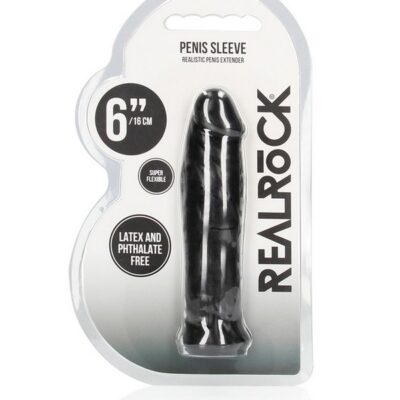 Lifelike black textured penis extension sleeve in body-safe TPE by Shots Toys