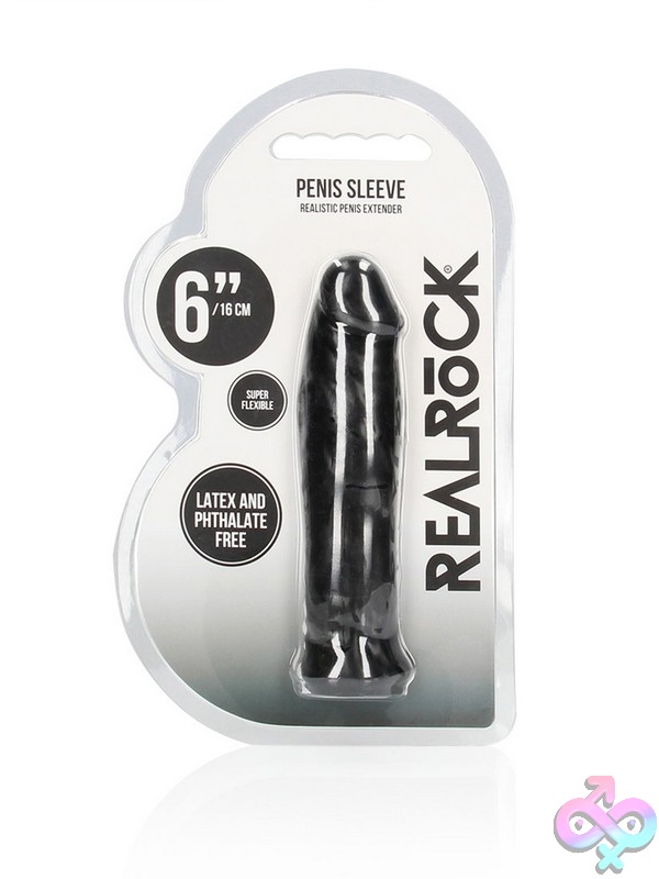 Discreet-Toys-Realrock-Penis-Sleeve-6-Black-Nu-St-Rea105Blk Lifelike Black Textured Penis Extension Sleeve In Body-Safe Tpe By Shots Toys