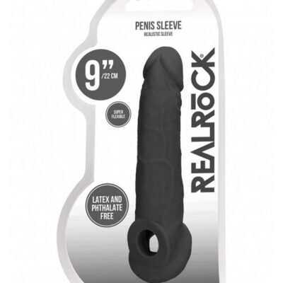 Realistic textured 9-inch penis sleeve in black TPE by Shots Toys