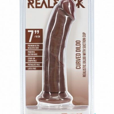 Curved 7 inch realistic textured dildo with suction cup base in brown by Shots Toys