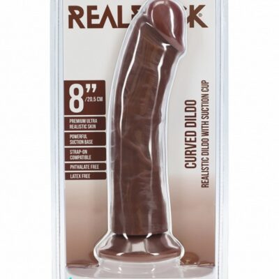 8-inch realistic curved brown TPE dildo with suction cup base by Shots Toys