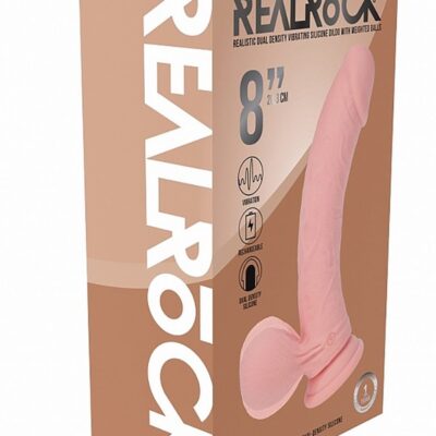 Realrock rechargeable dual-density vibrating curved dildo with weighted balls in beige, brown, and pink