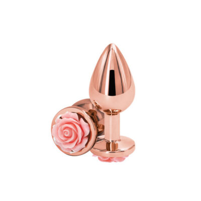 Rear Assets Rose Medium Pink tapered metal anal plug with jewel accent by nsnovelties