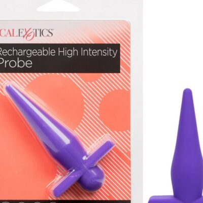 Rechargeable high intensity vibrating anal probe in black and purple silicone
