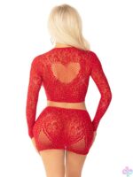 Red 2pc Rhinestone Lace and Net Crop Top with - Heart Keyhole Mini Skirt - Image 2