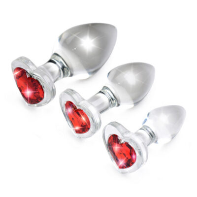 Red Heart Gem Glass Anal Plug Set by XR Brands — three graduated glass butt plugs with heart gem bases