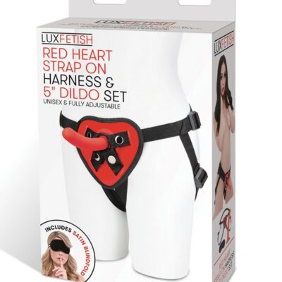 Red heart-shaped adjustable strap-on harness and 5-inch dildo set by Lux Fetish