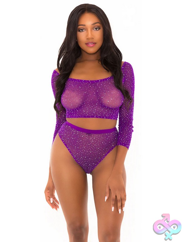 Discreet-Toys-Rhinestone-Crop-Top-With-Matching-Panty-Puple-O-S-Nu-Pop-1007-Pur-Os Purple Rhinestone Fishnet Crop Top And Matching High-Waisted Thong Panty Set By Popsi Lingerie