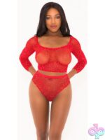 Red rhinestone studded sheer fishnet crop top and high-waisted panty set by Popsi Lingerie