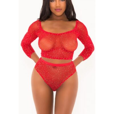 Red rhinestone studded sheer fishnet crop top and high-waisted panty set by Popsi Lingerie