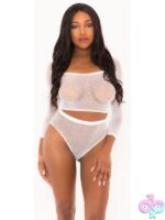 White rhinestone fishnet crop top and high-waisted thong panty set by Popsi Lingerie