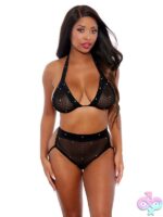 Black rhinestone fishnet triangle bra and high-waist open-back panty set by Popsi Lingerie