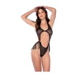 Rhinestone Fringe Mesh Bodysuit - Os - Black
