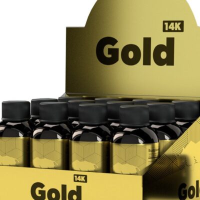 Rhino 14K Gold Liquid Shots 12-pack black countertop display by Doc Johnson