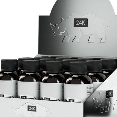 Rhino 24K Liquid Shots 12-pack counter display in black packaging by Doc Johnson