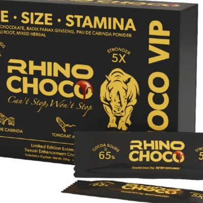 Rhino Choco 5X Stronger 12-pack counter display in brown packaging by Doc Johnson