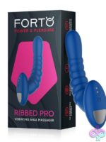 Ribbed Pro Vibrating Massager in black and blue — premium silicone prostate massager with 10 vibration modes