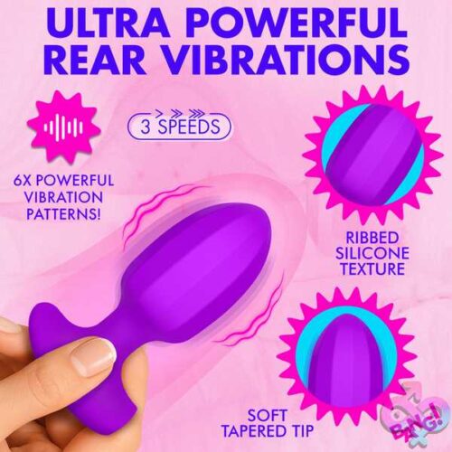 Ribbed Vibrating Silicone Butt Plug - Purple - Image 4