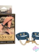 Blue denim ankle cuffs with metal D-rings and designer chains by California Exotic Novelties