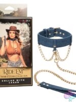 Adjustable blue denim collar with metal leash and swivel D-rings by California Exotic Novelties