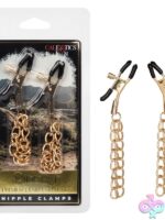 Gold metal adjustable nipple clamps with dual chains by California Exotic Novelties