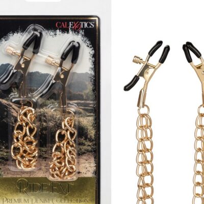 Gold metal adjustable nipple clamps with dual chains by California Exotic Novelties