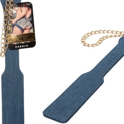 Blue textured denim impact paddle with designer chain wrist strap by California Exotic Novelties