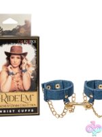 Blue denim wrist cuffs with metal D-rings and designer chains by California Exotic Novelties