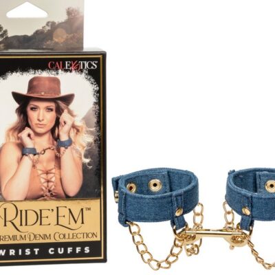 Blue denim wrist cuffs with metal D-rings and designer chains by California Exotic Novelties