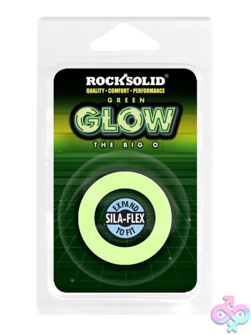 Rock Solid Big O Silicone Cock Ring In Black, Blue, And Green On Neutral Background