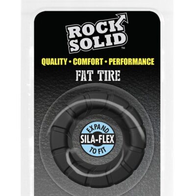 Textured black silicone cock ring with wide flat sides and rugged tread design by Rock Solid