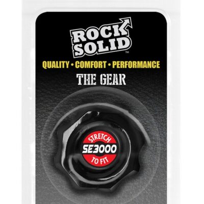 Rock Solid Gear cock ring in black and clear on a neutral background